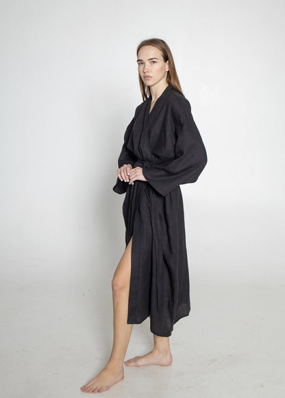 LINEN ROBE DRESS///BLACK